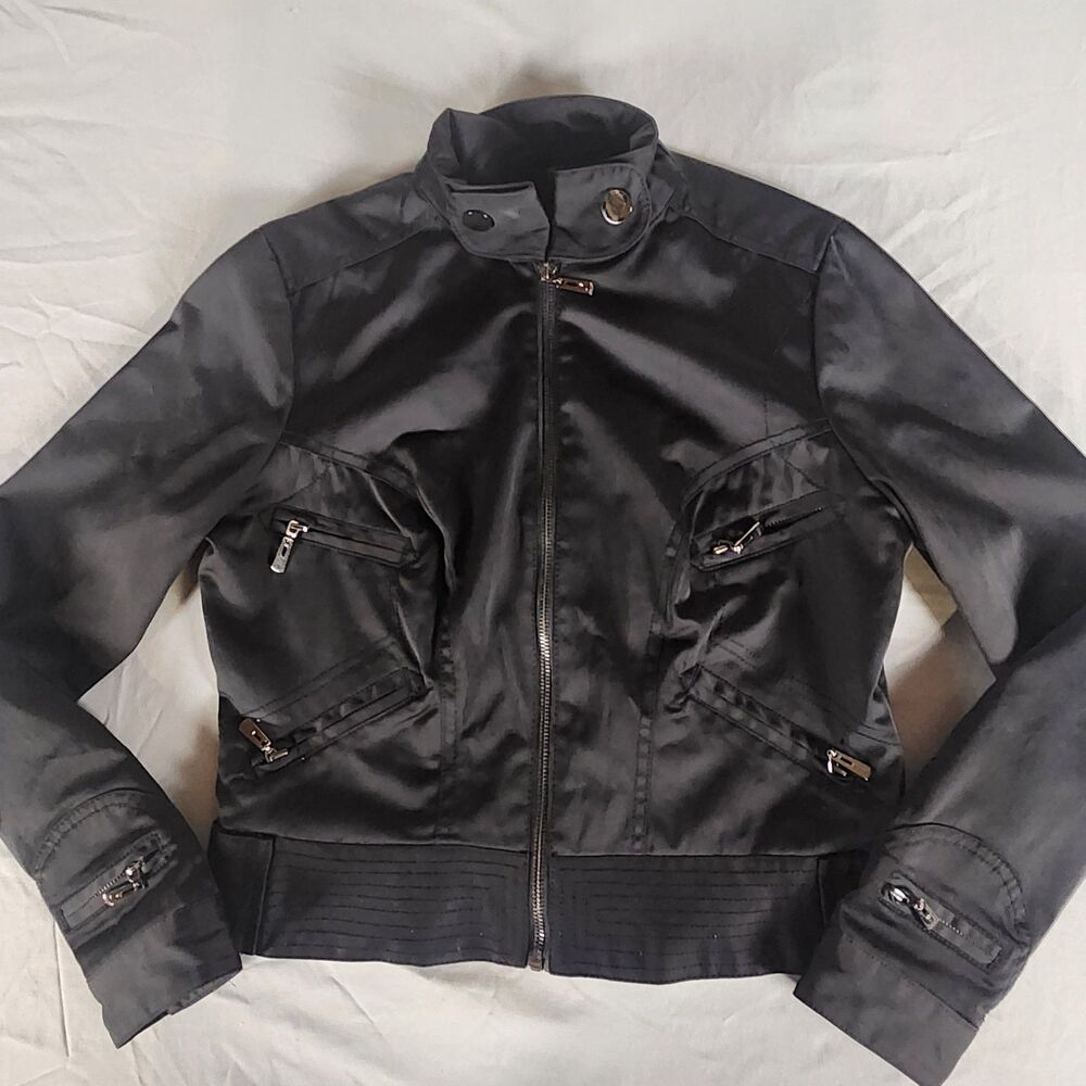 Forever 21 Black Moto Jacket Women’s Large Leopard Lined Zip Front